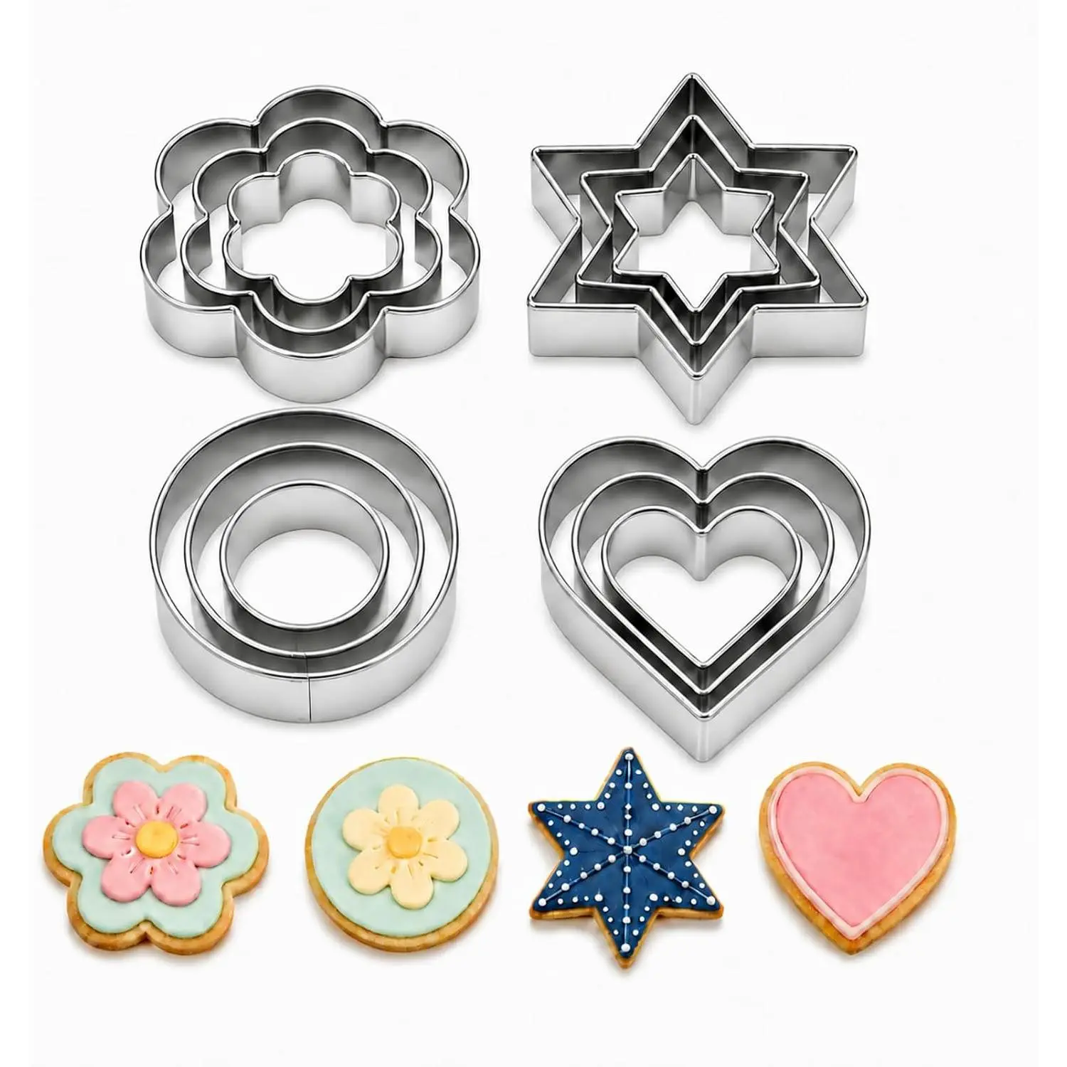 Cookie Cutters Set, 12 count Stainless Steel Heart 6-Point  Flower Round