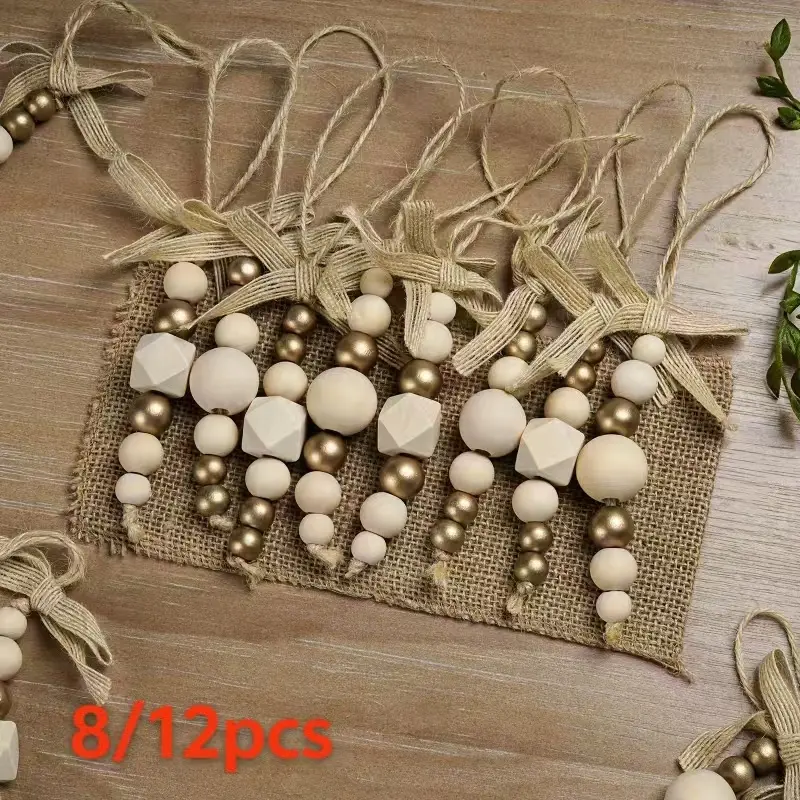 8/12pcs Bohemian style wooden bead Christmas tree decorations, with gold beads and bows-farmhouse hanging decoration, perfect for holiday trees, garlands, wedding decorations, retro beauty, handmade, durable materials, DIY lovers' choice.