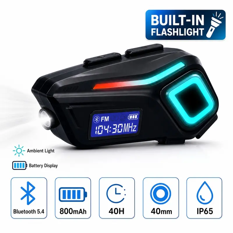 Rechargeable Motorcycle Helmet Speaker, Bluetooth 5.4 Wireless Headset with 800mAh Battery, FM Radio and Call Control