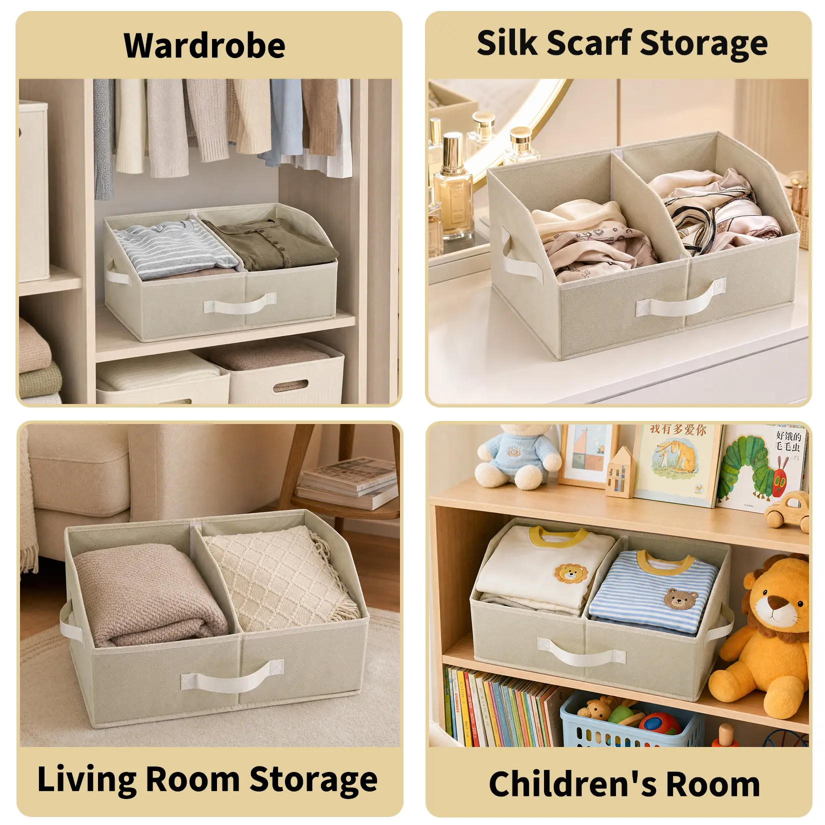 3 Pack Adjustable Divider Storage Box Trapezoid Closet Organizer Bin for Clothes Towels Wardrobe Shelf Drawer Organization Beige