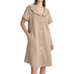 Women Cotton Nightgowns Button Down Sleepshirt Gingham Cute Short Sleeve Pajama Dress with Pockets for Women Soft Breathable Sleepwear