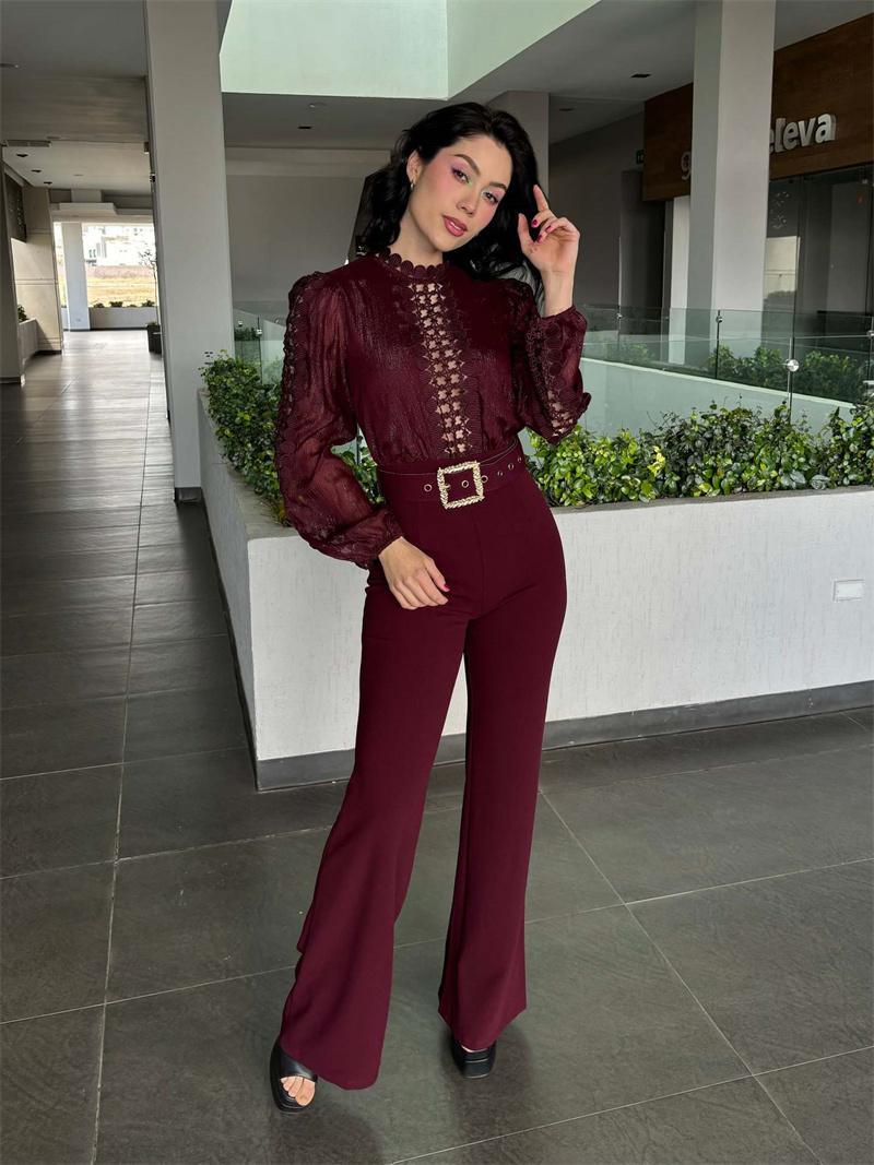 Woman Jumpsuit Birthday Long Sleeve Hollow Out High Waist One Pieces Overalls Club Party Outfits with Belt