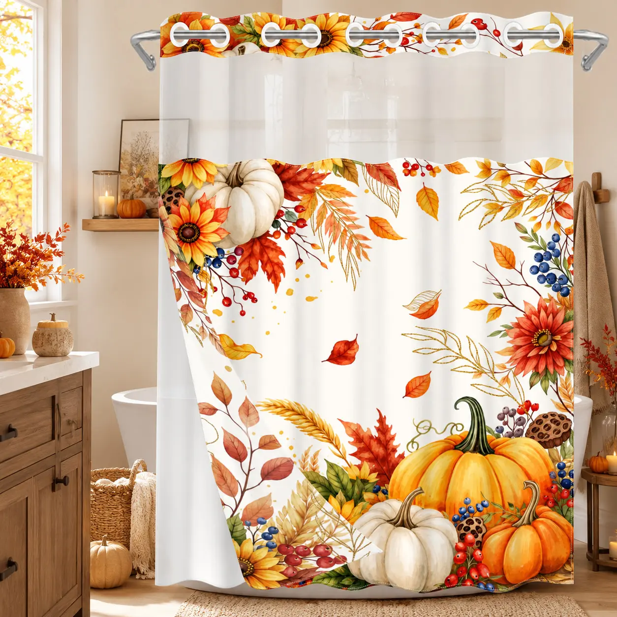 1PC 2D Flat Autumn Pumpkin, Sunflower, Maple Leaf, Wheat, Berry & Seed Pod Pattern Double-Layer Woven Shower Curtain, No Hooks, Transparent Top Window, Removable Snap-On Liner, Rustic Farmhouse Bathroom Art Decor, Thanksgiving & Holiday Decoration