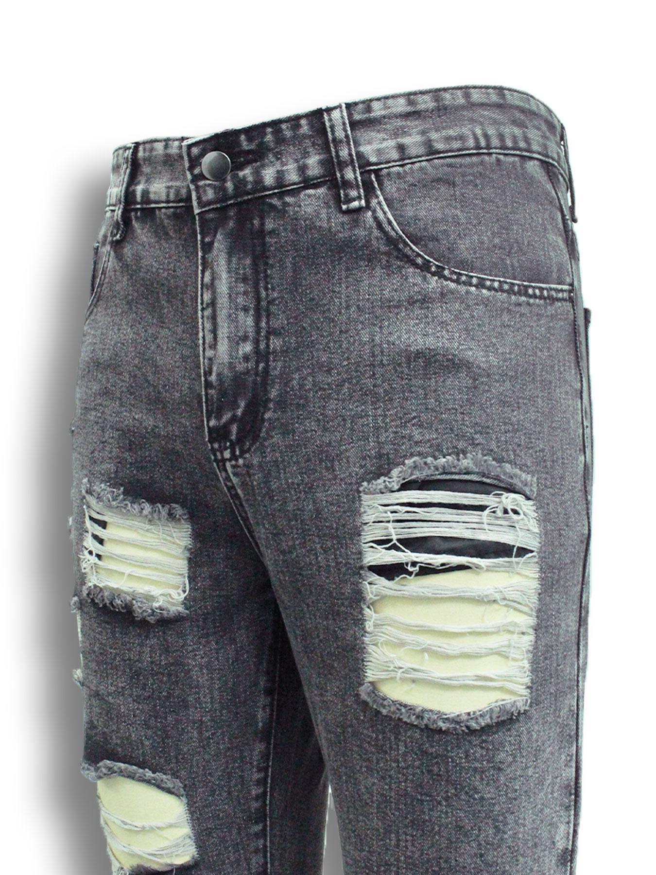 Men's Solid Color Distressed Ripped Stacked Jeans, Streetwear Casual Comfy Grey Denim Pants for Daily Wear, Mens Bottoms for All Seasons, Cotton, Slouchy Jeans