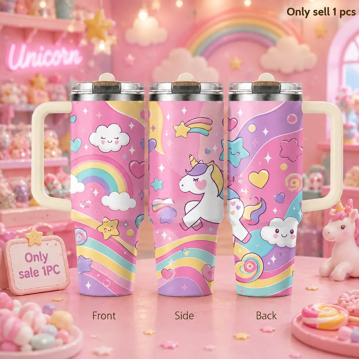 pink cute Unicorn Birthday Party Candy Vacuum Flasks 40oz 3rd Gen Vacuum Insulated Tumbler with Handle & Straw Lid, Leak-Proof Stainless Steel Travel Mug for Water, Coffee, Gym, Office, Car Cup Holder
