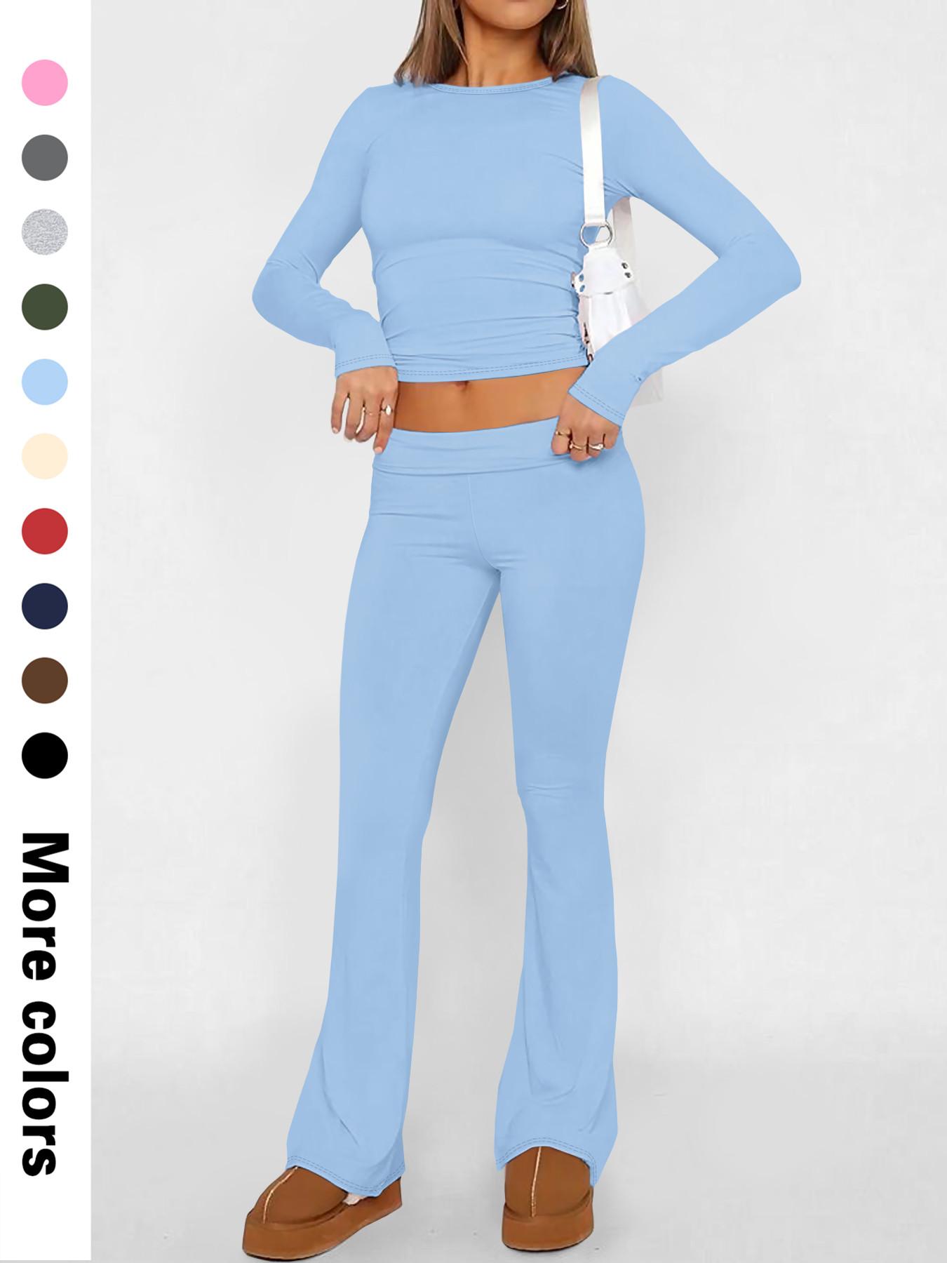 Two-Piece Set Women's Solid Color Long Sleeve Crop Tee & Flare Leg Pants, Casual Fashion Cozy Round Neck Top & Bell Bottom Trousers for Daily Outdoor Wear, Women's Clothing for Fall & Winter