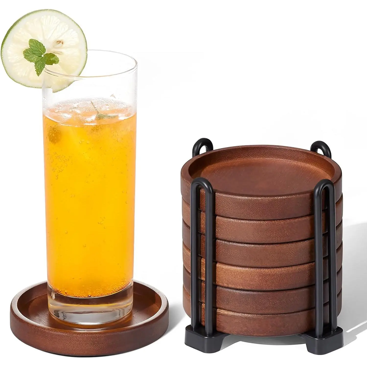Set of 6 Wooden Coasters With Holder - Coffee Table Coasters  Drinks, Modern Home Decor, Dining Table Decorative Set, Cute Beer Bar Rustic Outdoor Wood Coaster
