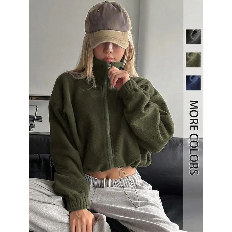 Women's Solid Color Drawstring Drop Shoulder Zip Up Crop Corduroy Jacket, Casual Long Sleeve Stand Collar Outerwear for Spring & Fall, Ladies Clothes for Daily Wear