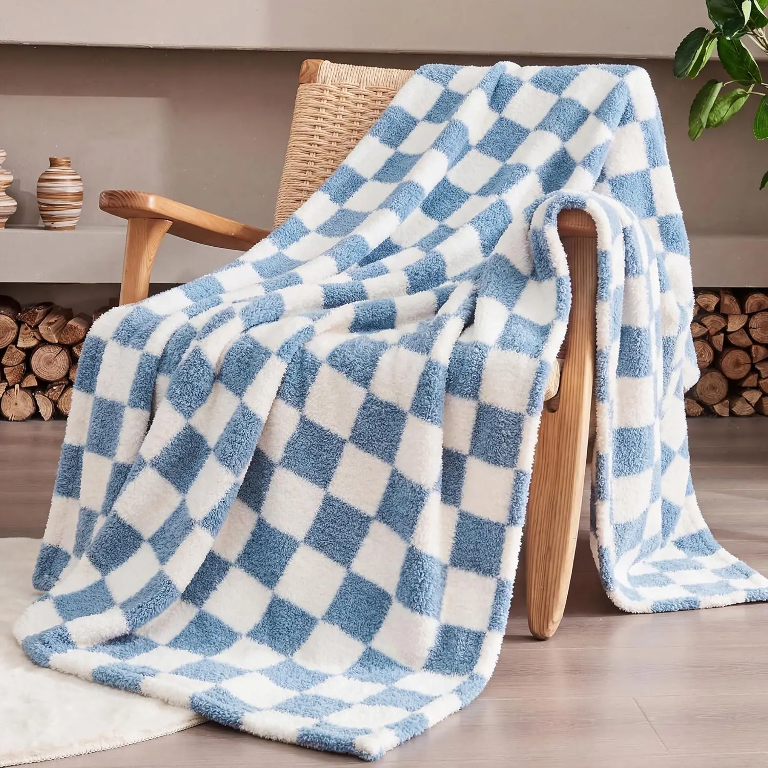 Blue Plaid Microfiber Throw Blanket - Soft Fuzzy, All Season, Decorative for Sofa, Travel, Decorating My Apartment - Sports & Outdoor Camping Hiking Sleeping Gear