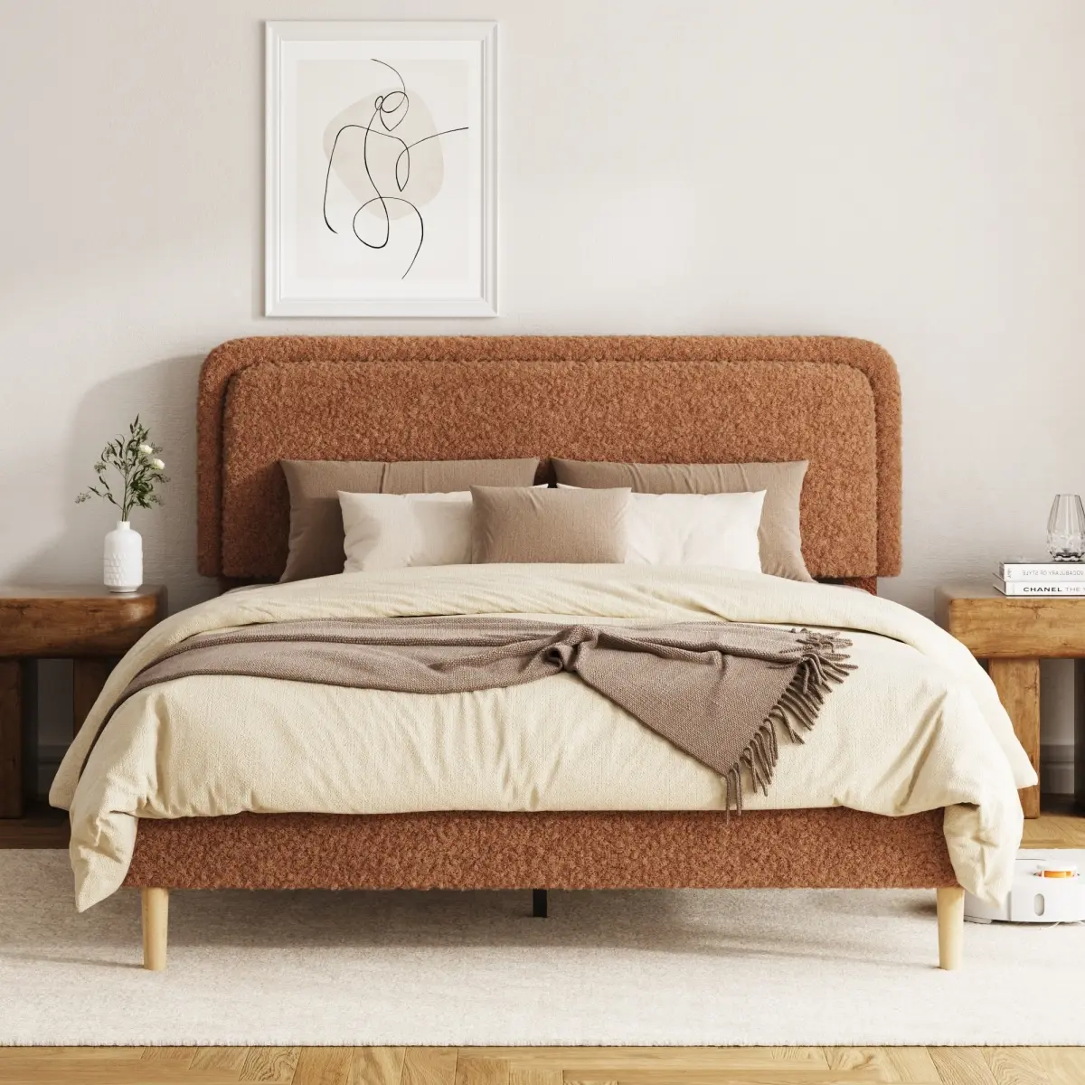 Queen Size Plush Upholstered Platform Bed with Adjustable Headboard – Heavy-Duty Steel Frame, Anti-Squeak Wooden Slats, Quiet Sleep Design, No Box Spring Needed, Easy Assembly, Brown
