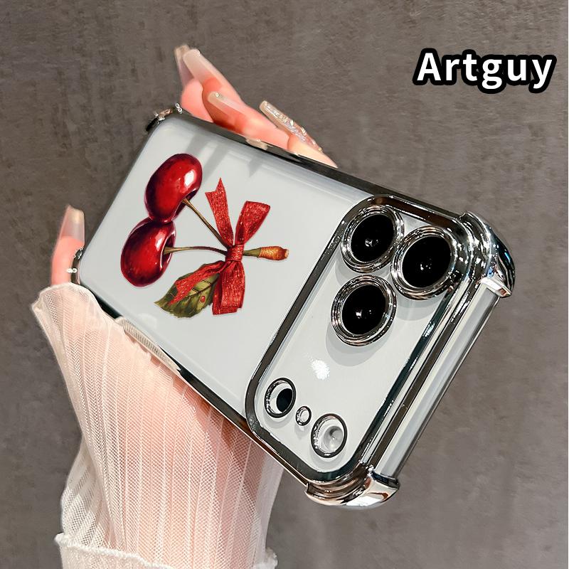 Compatible with iPhone 17 16 Pro Max 15 Plus 14 13 12 11 E Air Phone Case Cherry with Bow Pattern Transparent Full Coverage Four Corners Anti-drop Casing