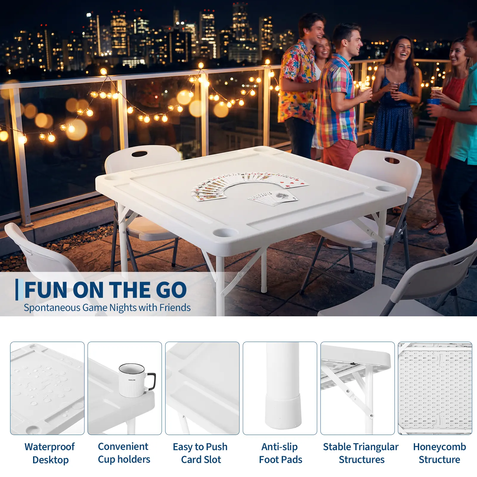 35" Folding Mahjong Table with Cup Holders & Chip Trays, Durable HDPE 4-Player Card Table for Poker & Dominoes, Portable & Water-Resistant