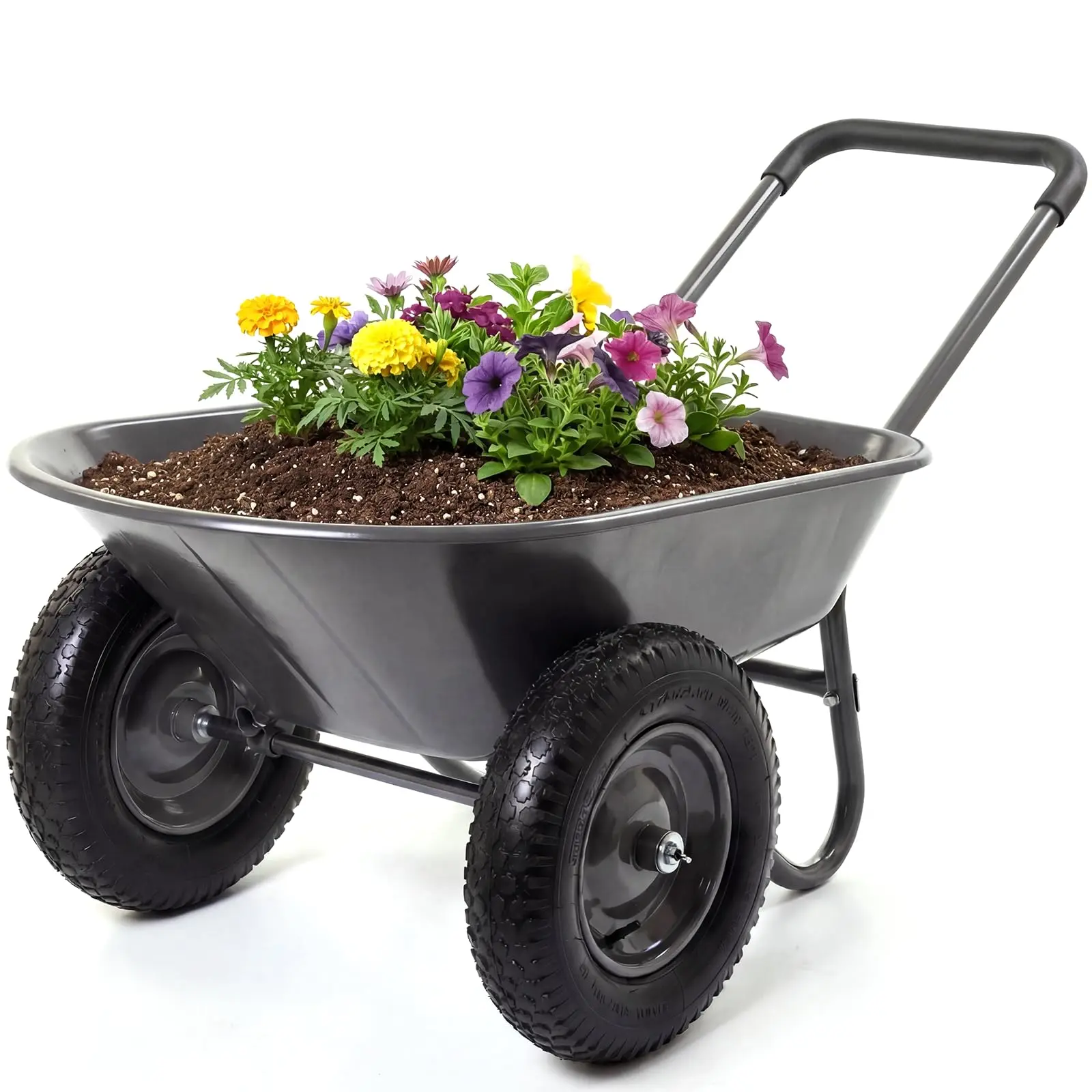 Heavy Duty Garden Wheelbarrow Cart, 2-Wheel Utility Wagon with Dump Feature and Collapsible D-Handle, Built-in Stand, All-Terrain Design, 600 lb Capacity for Landscaping, Lawn & Outdoor Gardening