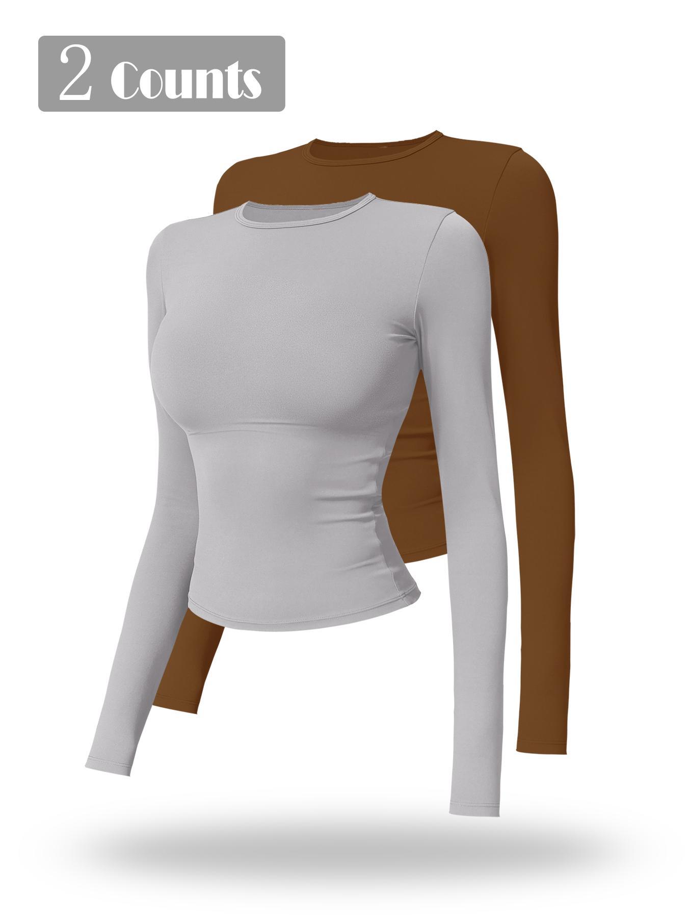 Women's Solid Long Sleeve Sports Tee, Sporty Round Neck T-shirt for Yoga Gym Workout Running, Ladies Sportswear for Spring & Fall, Gym Performance Top