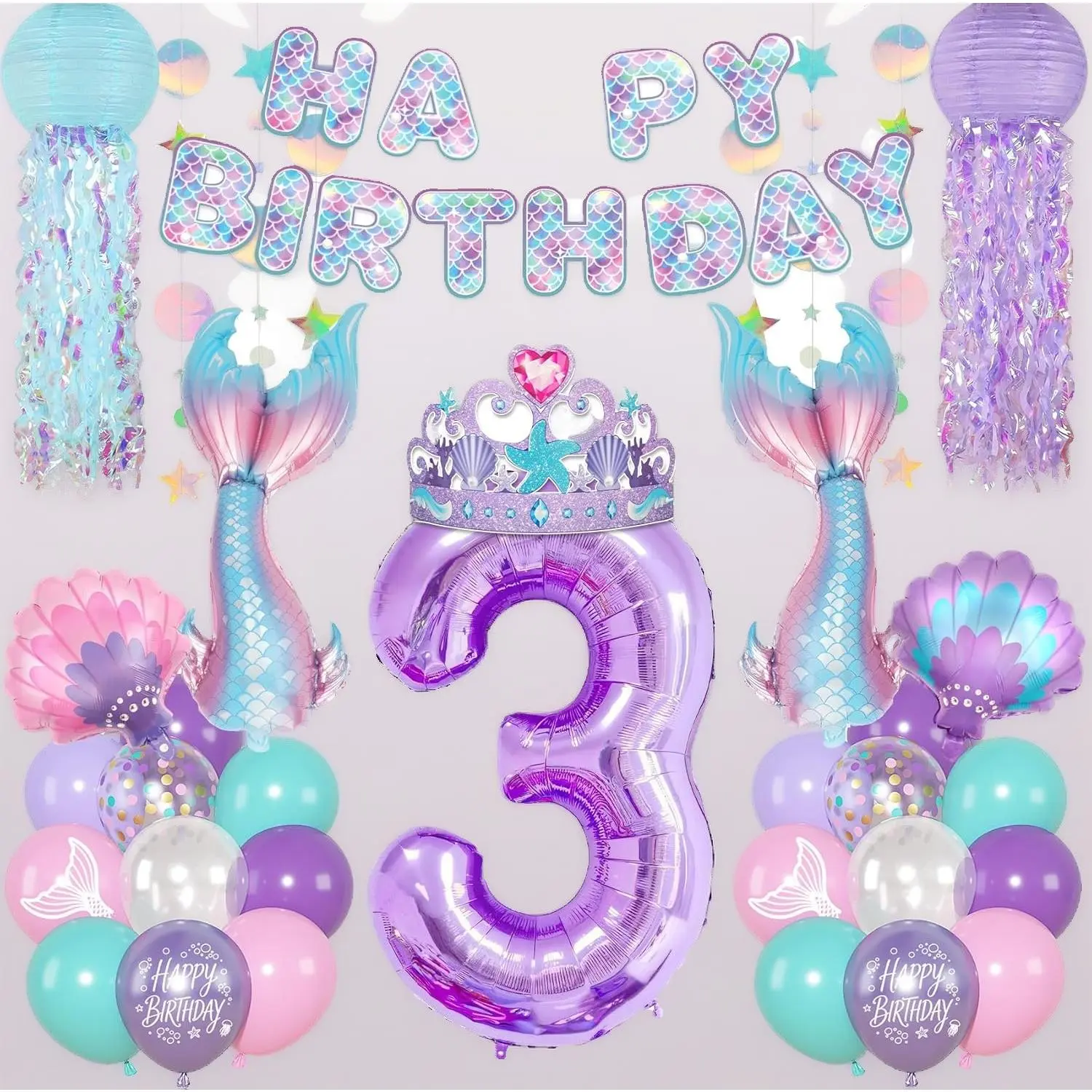 Mermaid 3rd Birthday Party Decorations for Girl, Mermaid Crown Foil Number 3 Tail Seashell Balloons Jelly Fish Lanterns Happy Birthday Banner Garland Under the Sea Ocean Shower Party Supplies