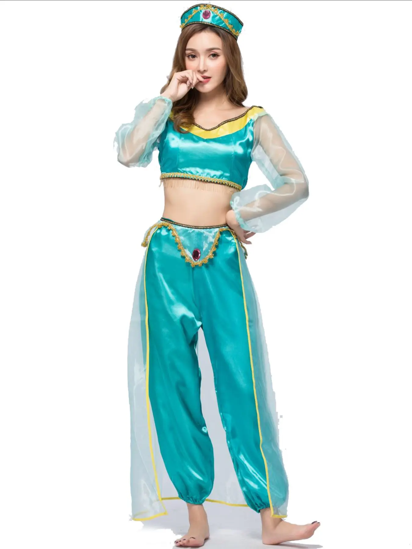 Jasmine Princess Gown Adult Role Play Cosplay Costume Clothes, Aladdin Theme Stage Wear, Slim-Fitting Solid Suit for All Seasons, Unlined Plain Surface