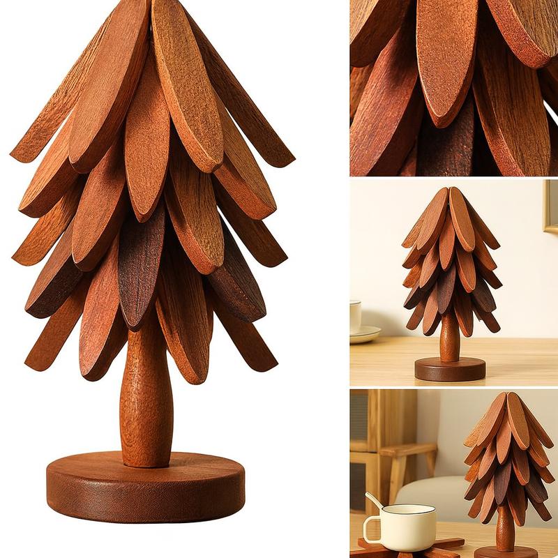 Natural Tree Trivet Set - 5 Wooden Trivets & 1 Stand, heat-resistant foldable solid wood trivets for hot dishes, pots and pans, farmhouse kitchen décor table protectors and coasters for dining table