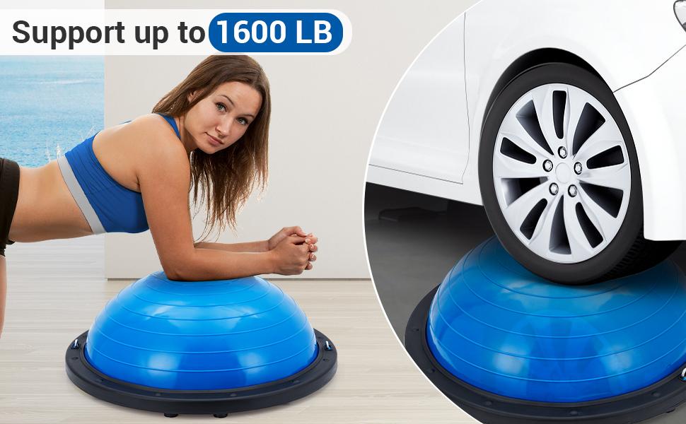 23-Inch Balance Ball, 1600 Lbs Inflatable Half Exercise Ball Balance Trainer with Nonslip Base, Half Yoga Ball Strength Training Equipment with Resistance Bands and Foot Pump, Blue