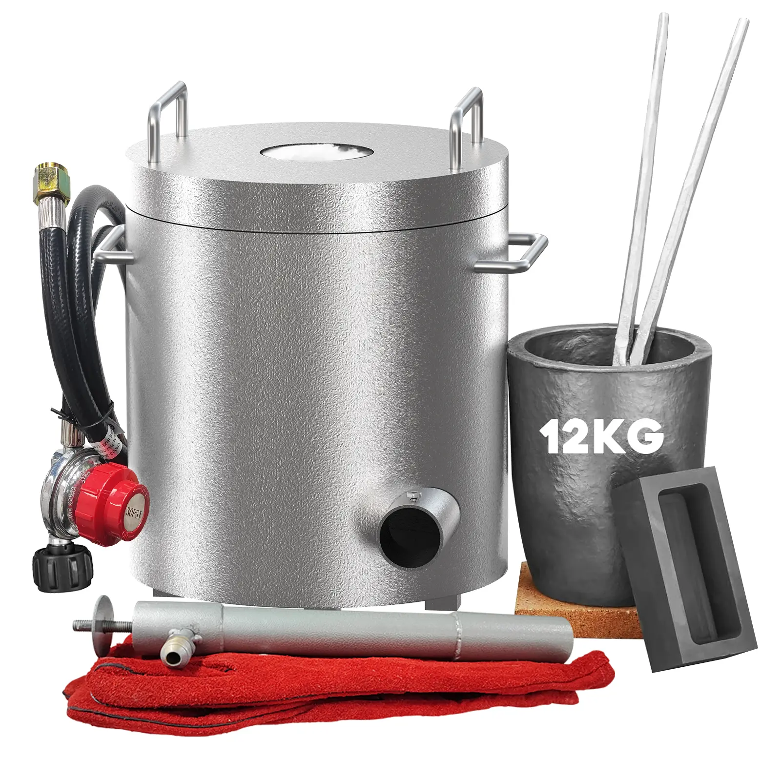 12 kg / 26 lb Propane Melting Furnace, 0–30 PSI Regulator, Stainless Steel, with Crucible and Tongs