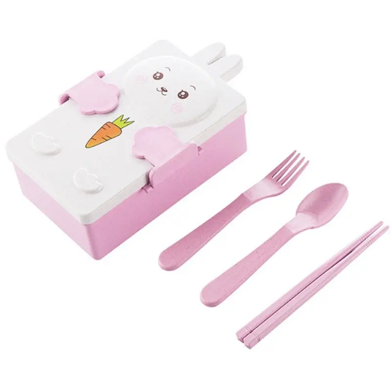 Cute Bunny Bento Lunch Box for Kids and Adults, Acrylic Divided Container with Cutlery, Rabbit Carrot Design for School, Office, Travel, Picnic, Divided Food Storage Containers, Childrens Lunch Box