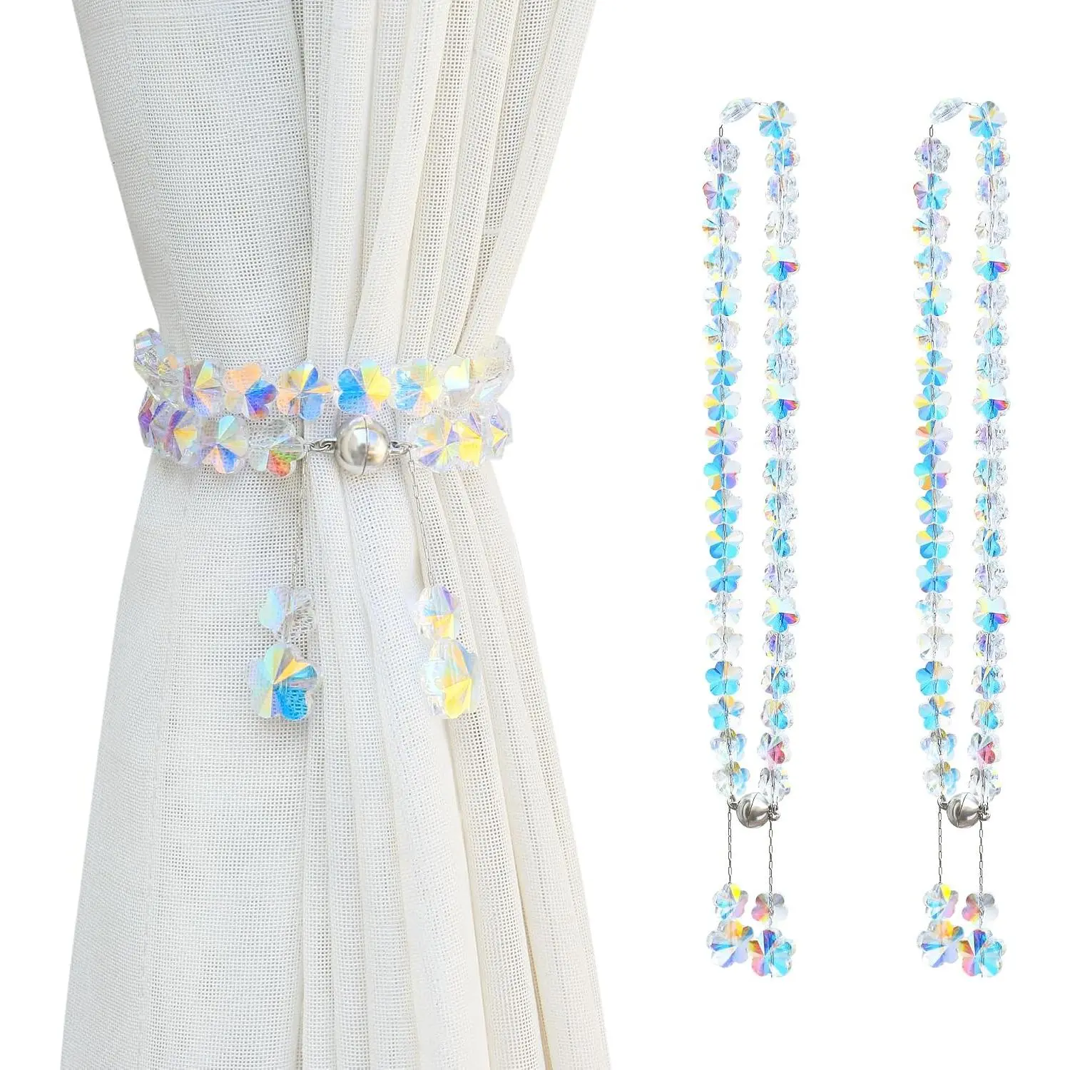 Curtain Tiebacks, Beads Rope Drapery Holdbacks Holder for Small,Thin or Sheer Window Draperies,15 Inch Long,2 Pack (Flower)