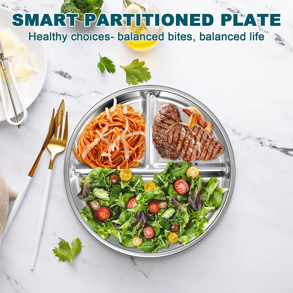 Stainless Steel Divided Plate, Three Compartment Portion Control, Ideal for Weight Loss, Adult Healthy Diet, Durable and Easy to Clean