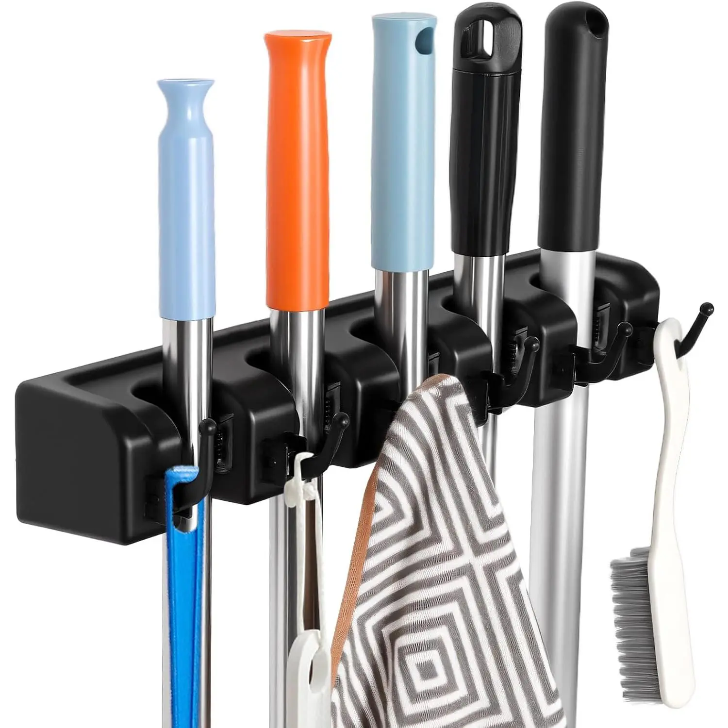 Wall Mount Broom Holder 5 Slots 6 Hooks Mop Organizer Rack | Heavy Duty Construction -35 LBS Capacity, 5 Spring- Ball Slots With Anti-Skid Rubber,Easy Installation ,Space Saving