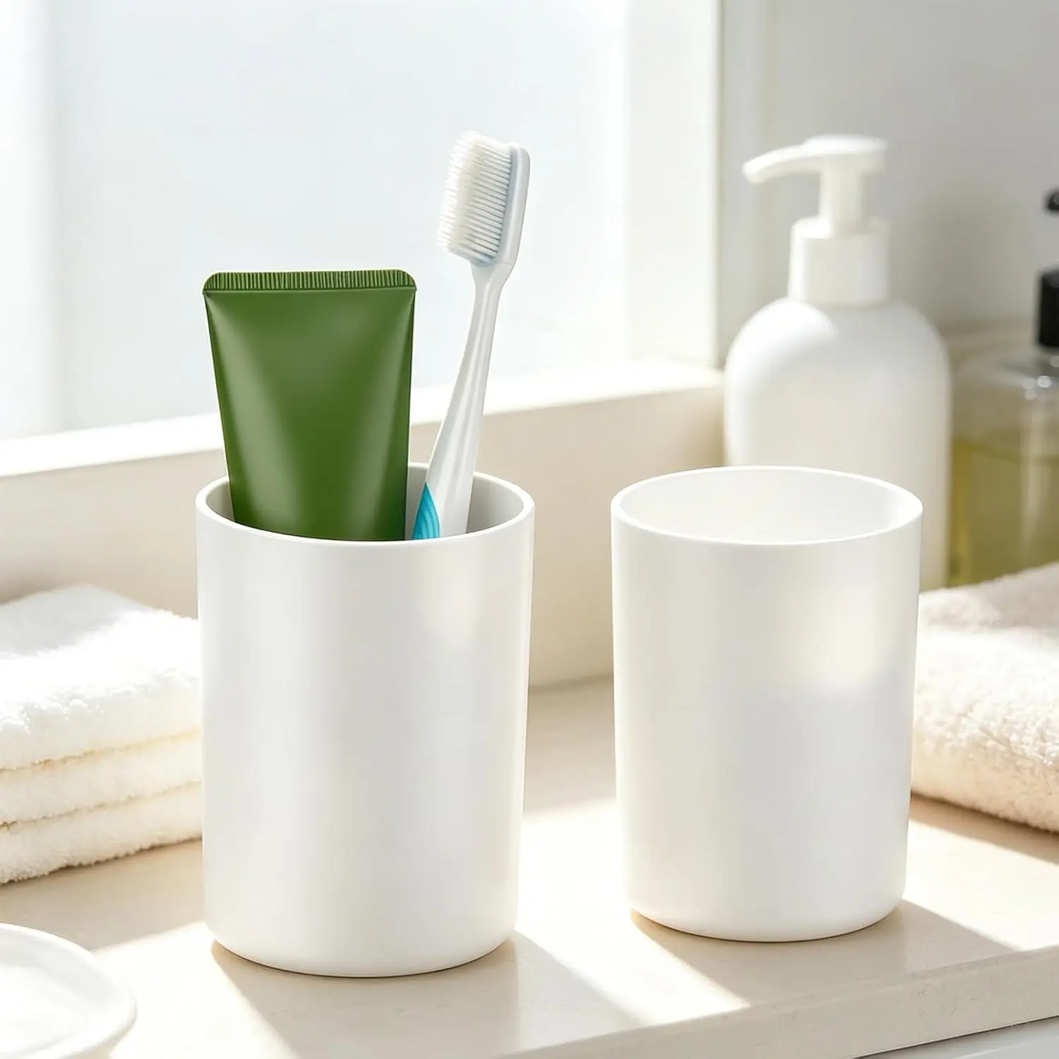 2 PCS Plastic Toothbrush Cup with Non-Slip Bottom Pad | 13oz Reusable Bathroom Tumbler & Mouthwash Cup Durable Bathroom Countertop Vanity Organizer for Toothbrush Makeup Brushes, Easy to Clean(White)