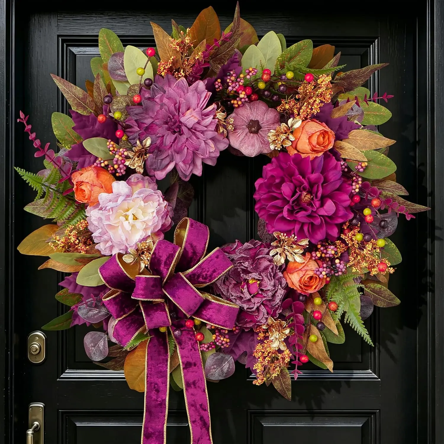Fall Wreaths for Front Door 24"  Autumn Wreath with  Bow | Elegant  fall wreath with dahlias, roses, maple leaves. Luxe fall door wreath for porch, mantel, or Thanksgiving