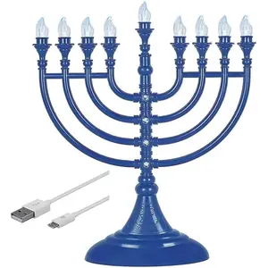 Traditional LED Hanukkah Menorah Powered by Battery or USB Electric Chanukiah with 4' Micro USB Cable Included, Electronic Chanukah Candles Lighted Hanukah Decorations Blue