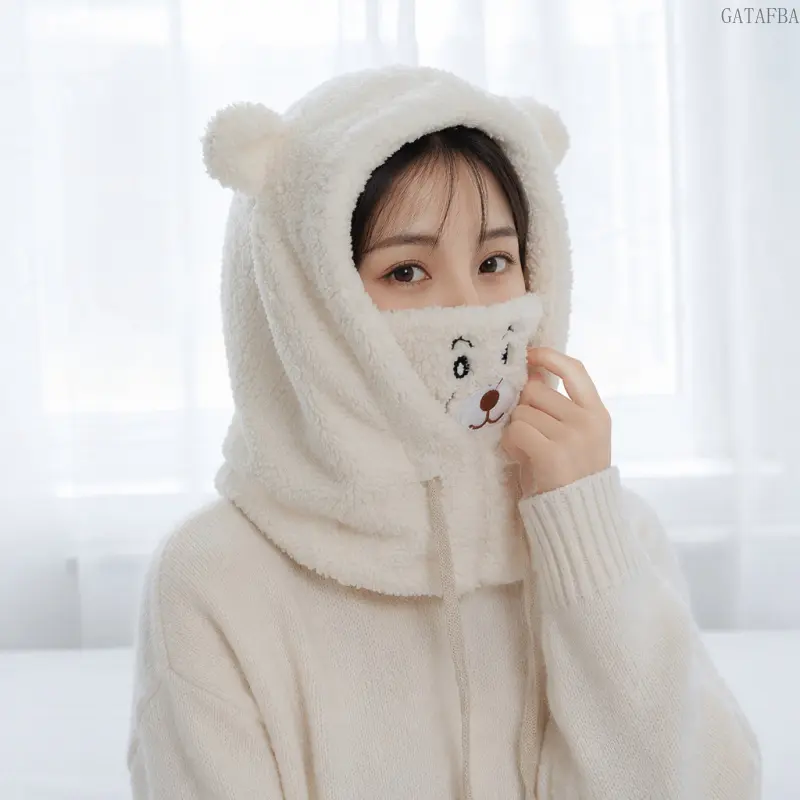 Cute Plush Integrated Hat with Bear Design, Scarf and Mask All in One, Warm Pullover Hat for Women Cycling in Cold Winter Days
