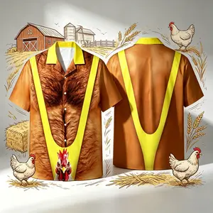 Funny Hawaiian men's Cuban collar shirt, faux chest hair shorts with Cuban collar shirt, button-up design, humorous Independence Day party outfit, sizes from XS to 9XL, Father's Day gift, gift for friends, men's clothing