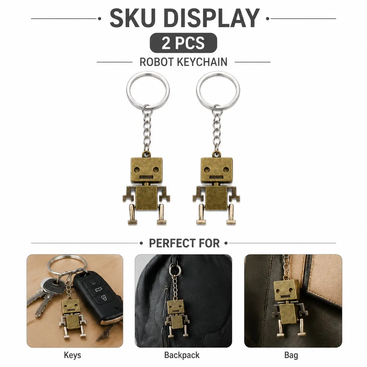 Robot Pendant Keychain Set of 2, Cute Large Key Ring, Bag Accessory, Perfect Gift for Kids, Women, Men, Decorate Your Keys