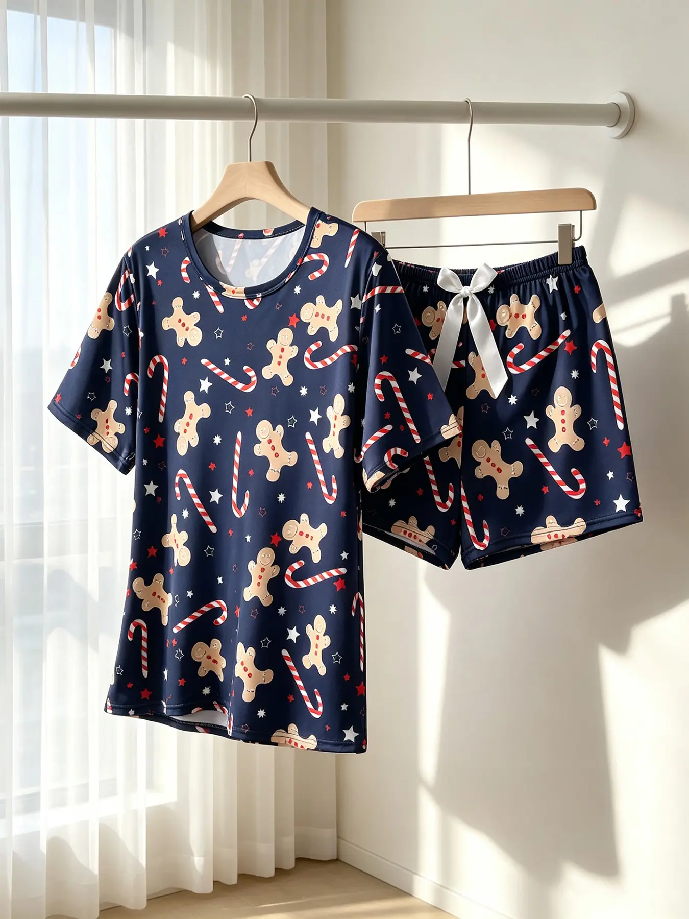 Women's Crew Neck Short Sleeve Top & Shorts Pajama Set, Navy Gingerbread Candy Cane Print, Spring Summer Wear, Breathable, Photogenic Holiday Aesthetic Loungewear for Gatherings