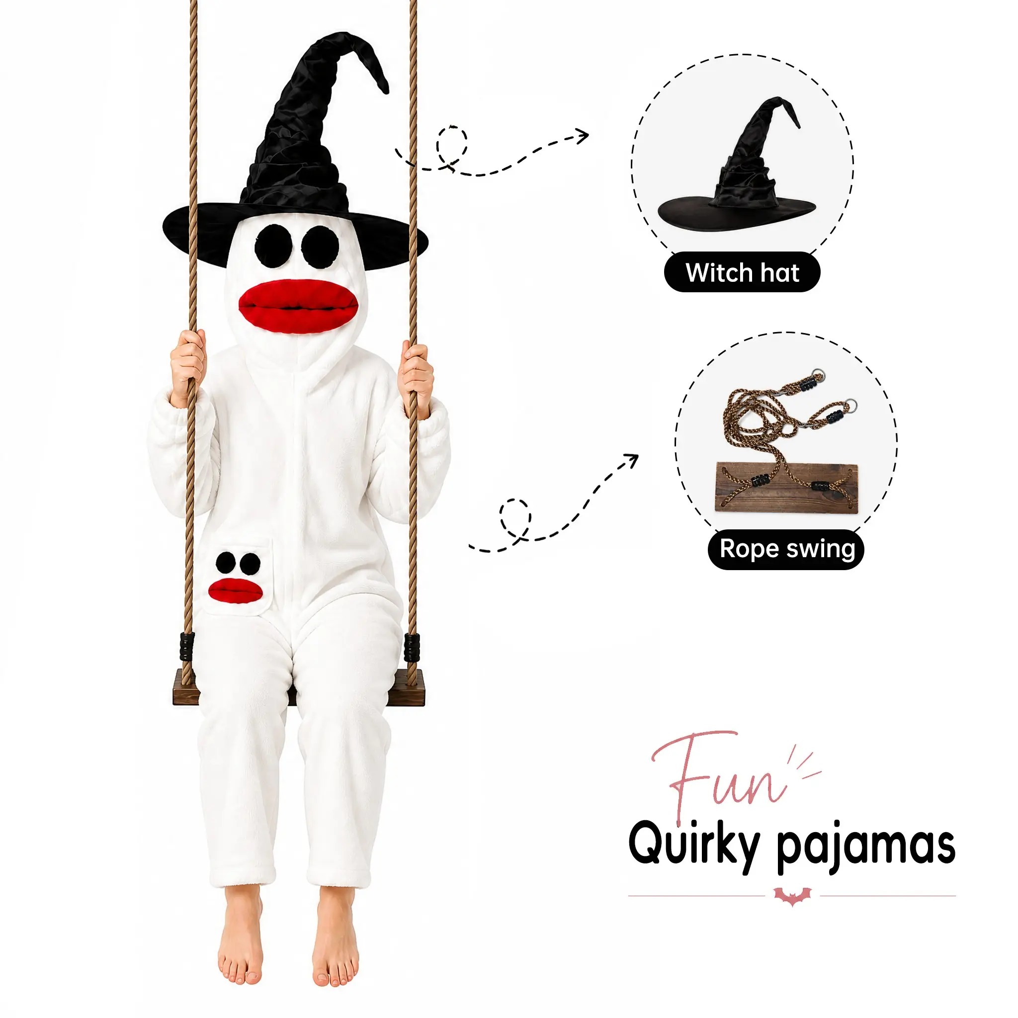 Adult Halloween Ghost Costume Plush Onesie, Soft Fleece Jumpsuit with Swing & Witch Hat, Cosplay Party Loungewear, Hidden Zipper Design, Accessories