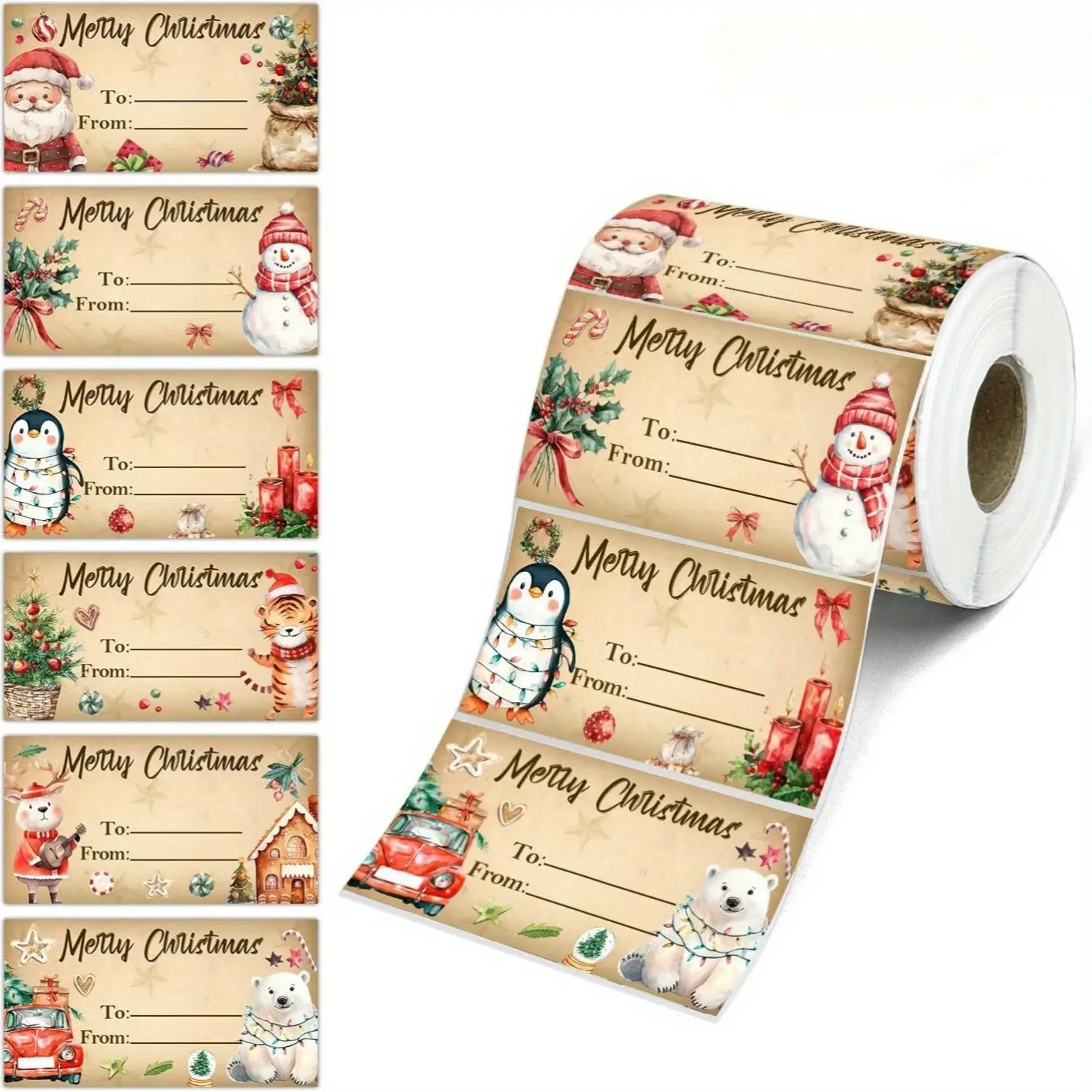 Christmas Gift Tags, Santa Claus Snowman Holiday Design, Christmas Labels, Easy Peel Stick, Party Gifts Packaging