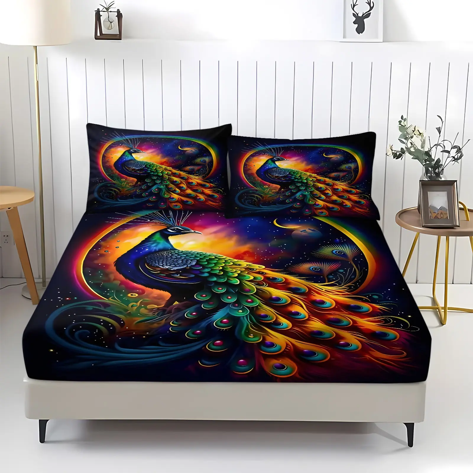 Boho Rainbow Peacock Print Bed Sheet Set, Dreamy Starry Moon Pattern, Durable Non-Slip Mattress Protector, Bedroom Decor Gift