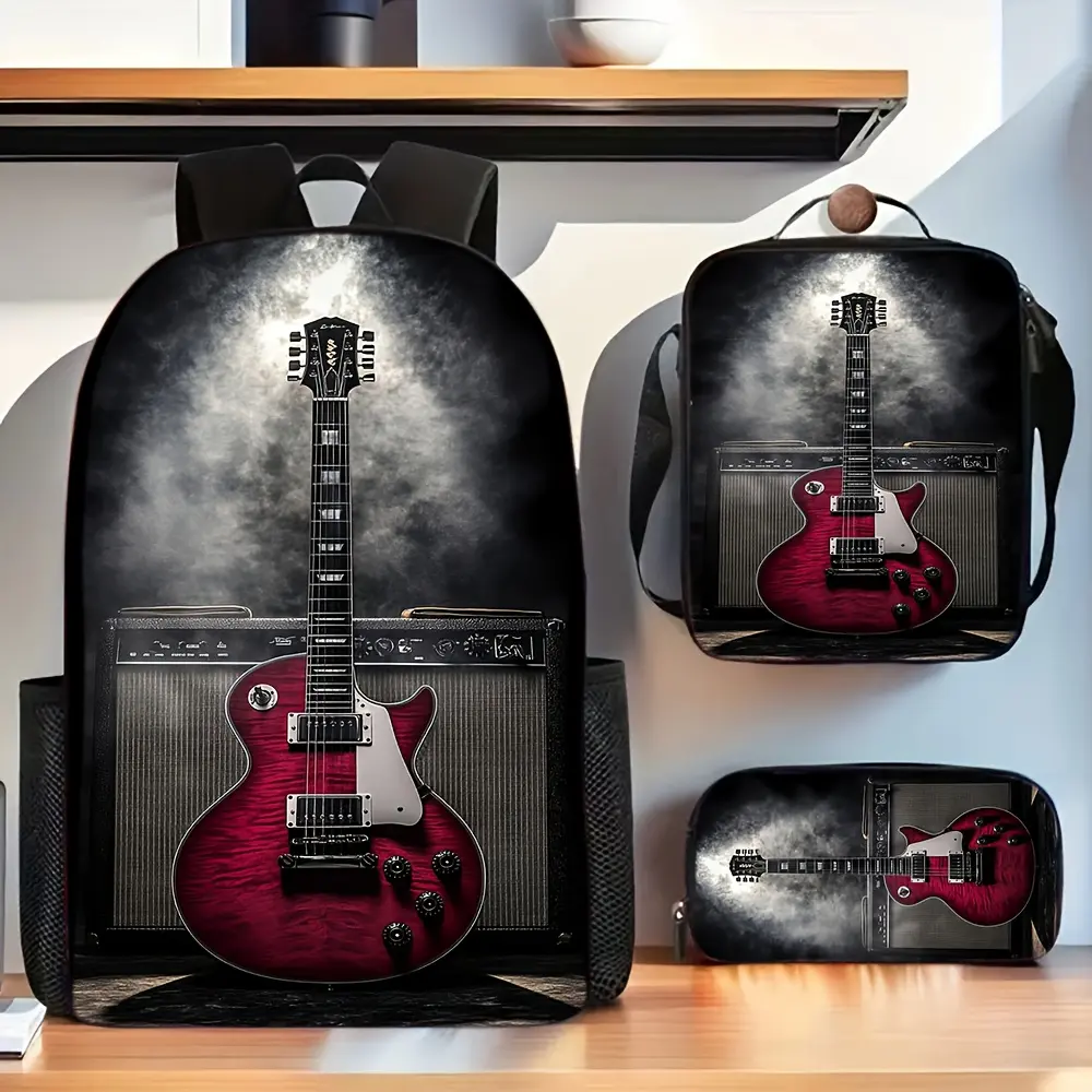 Rock Guitar 4-in-1 Design Backpack with Adjustable Shoulder Strap, Interior Compartment, Zippered Closure, Decorative Appliques & Prints, Hand Washable - Ideal for Campus Life, Everyday Carry (17.3l x 11h x 5.1w in) - Great Gift for Friends & Family
