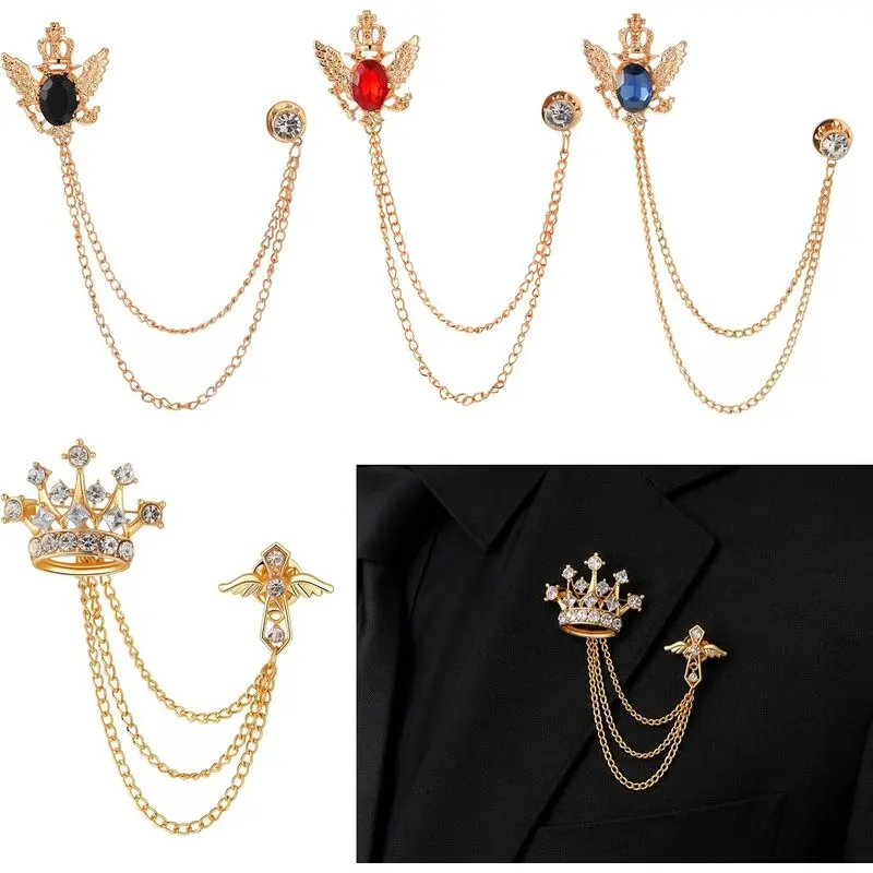 4Pcs Men's Brooch Suit Pin Crystal Rhinestone Crown Hanging Chain Tassel Lapel Pin with Gem Stone Detailing Alloy Collar Brooch for Tuxedo Shirt Accessory, Lapel Chain for Wedding Party Gifts
