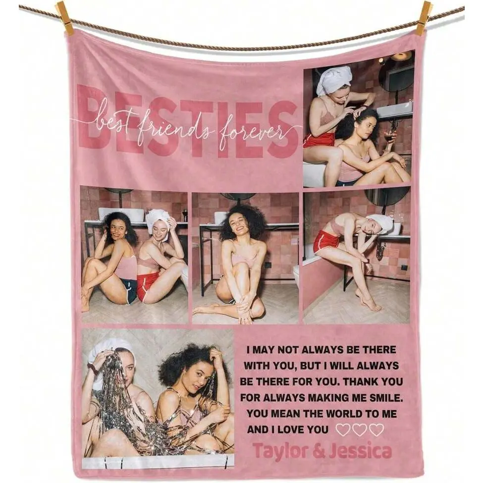 Custom 5-Picture Photo Collage Flannel Blanket for Besties, Modern Soft Throw with Friendship Bond Theme, Cozy Warm Personalized Home Snuggle Decor for Couch/Bed, Sentimental AC Room Gift for Women BFF, Multi-Size