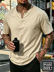 Men's Summer Plus Size V Neck Short Sleeve T-Shirt, Breathable Lightweight, Casual Sporty Henley Top, Perfect for Daily Wear & Outdoor Activities