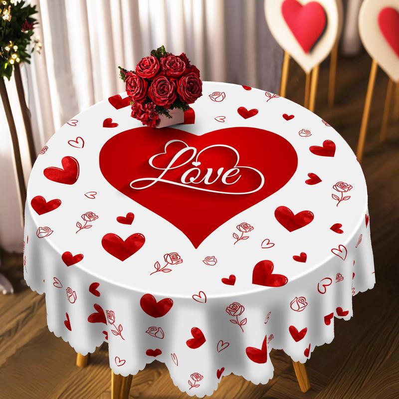 Valentine's Day Tablecloth Set Romantic Heart & Rose Pattern Embossed Edge 100% Polyester Machine-Woven Round & Square Covers for Home Kitchen Patio Solid Color Love Theme Decor