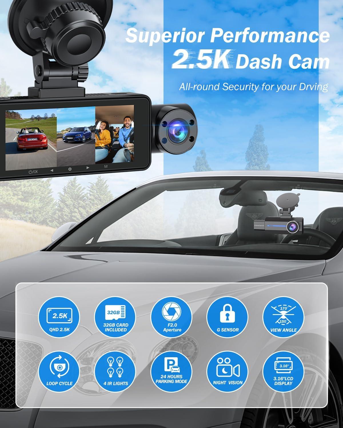 Dash Cam Front and Rear, 2.5K+1440P Triple Car Camera with 32GB Card, 3 Channel Dash Camera for Cars, G-Sensor, 3.16" IPS Screen, 24Hr Parking, 170°Wide Angle, Loop Recording, IR Night Vision, Blue