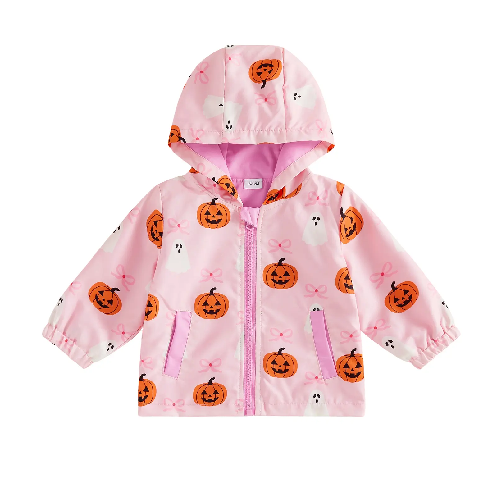 Kids Toddler Baby Girl Halloween Jacket Pumpkin Ghost/Flower Bat Print Hooded Long Sleeve Coat Zipper Outerwear