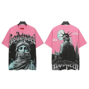 Godspeed Statue of Liberty American Rock Streetwear Graphic Tee – Vintage Washed Short Sleeve T Shirt, Craft Printed Unisex Loose Oversized Casual Hip Hop Top, Summer TikTok Trendy Outfit