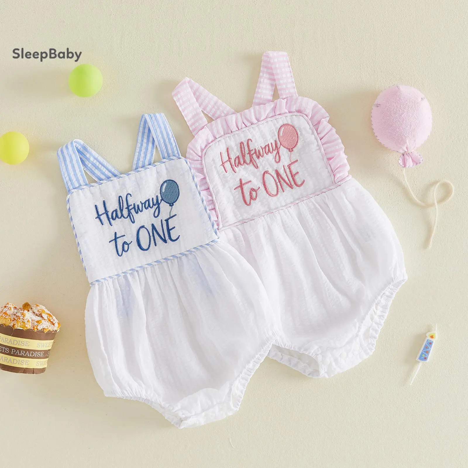 Baby Half Birthday Romper Casual Stylish Ruffled Trim Striped Sleeveless Infant Jumpsuit Baby Shower Gift, Baby Clothes