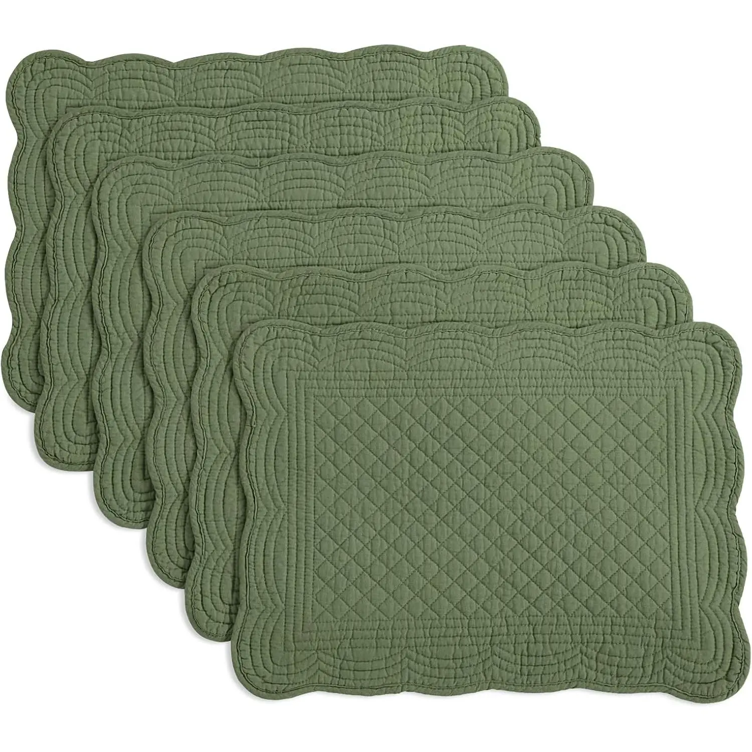 Quilted Table Mats Set of 6 - 100% Cotton Washable 13x18in Rectangular Tableware for Indoor Kitchen Use (Emerald Green)