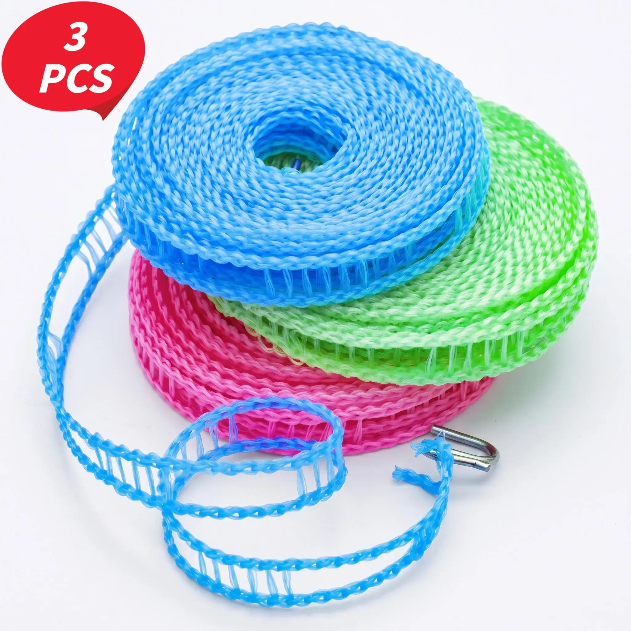 3 Pack Clotheslines for Outside, Adjustable Clothes line,Windproof Clothesline with Hooks, Indoor and Outdoor Laundry and Drying Lines,Ideal Camping & Travel Essentials (5 m/197 in)-YY1