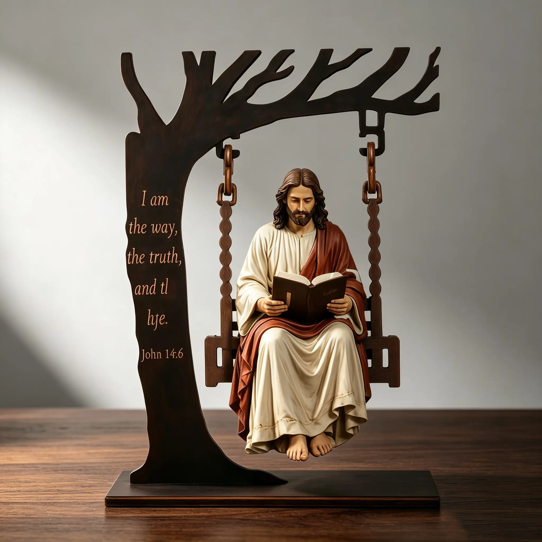 Wooden Jesus Reading Bookshelf Decor, Book Tracking Ornament, Swing Shape, Desk Decoration, Book Lover's Reading Corner Decor, Religious Ornaments, Religious Home Decor