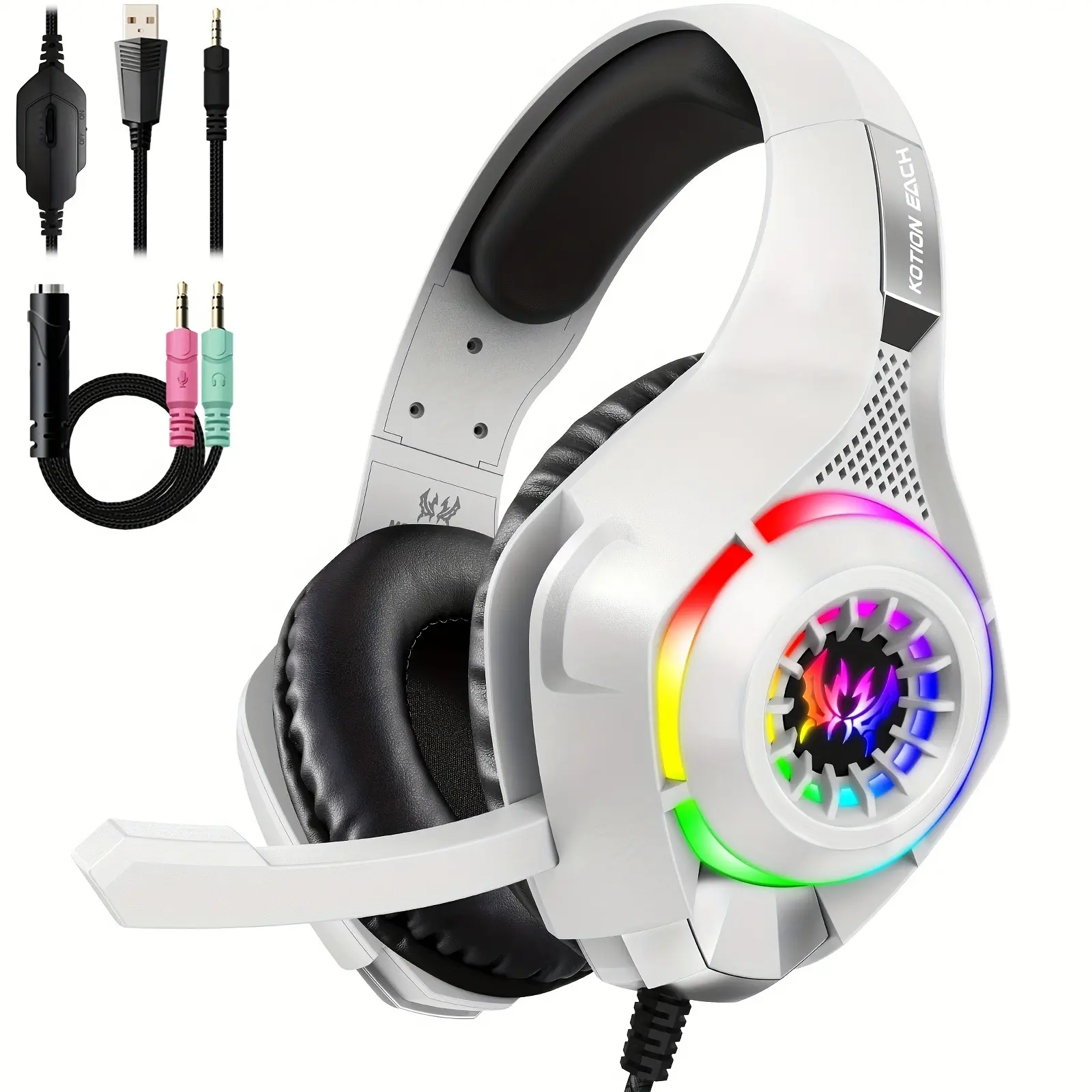 Noise-Cancelling Gaming Headset for PC Ps4 Ps5, RGB Lights, Bass Surround Sound, Soft Memory Ear Cushions, Compatible with Xbox Series X/s Ns, Wired Gaming Headphones, PC Headsets, Gaming Accessories